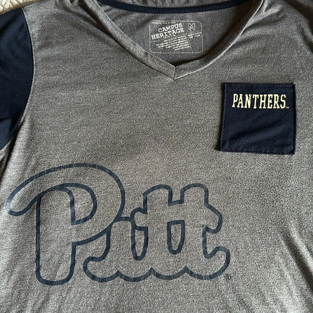 3/$15 PITT SCRIPT WOMANS V-NECK T-SHIRT CAMPUS HERITAGE MED GRAY&BLUE PITTSBURGH - Picture 2 of 5